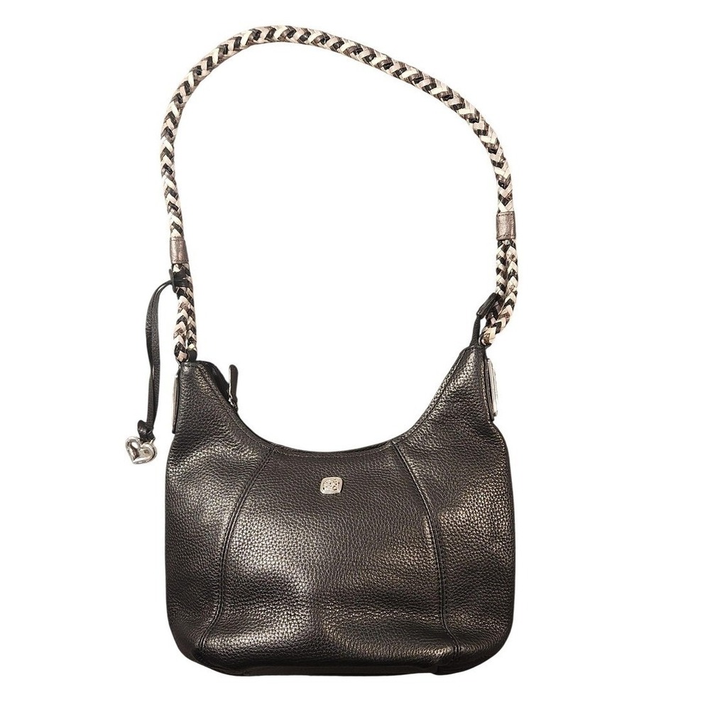 Brighton‎ Hobo Bag Womens Black Leather Braided Strap Shoulder Floral Lining